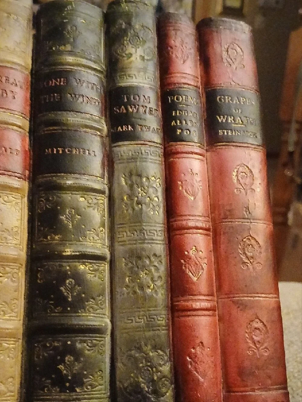 Set of Six Vintage Leather-Bound Books in Tan, Black & Red Disc Box